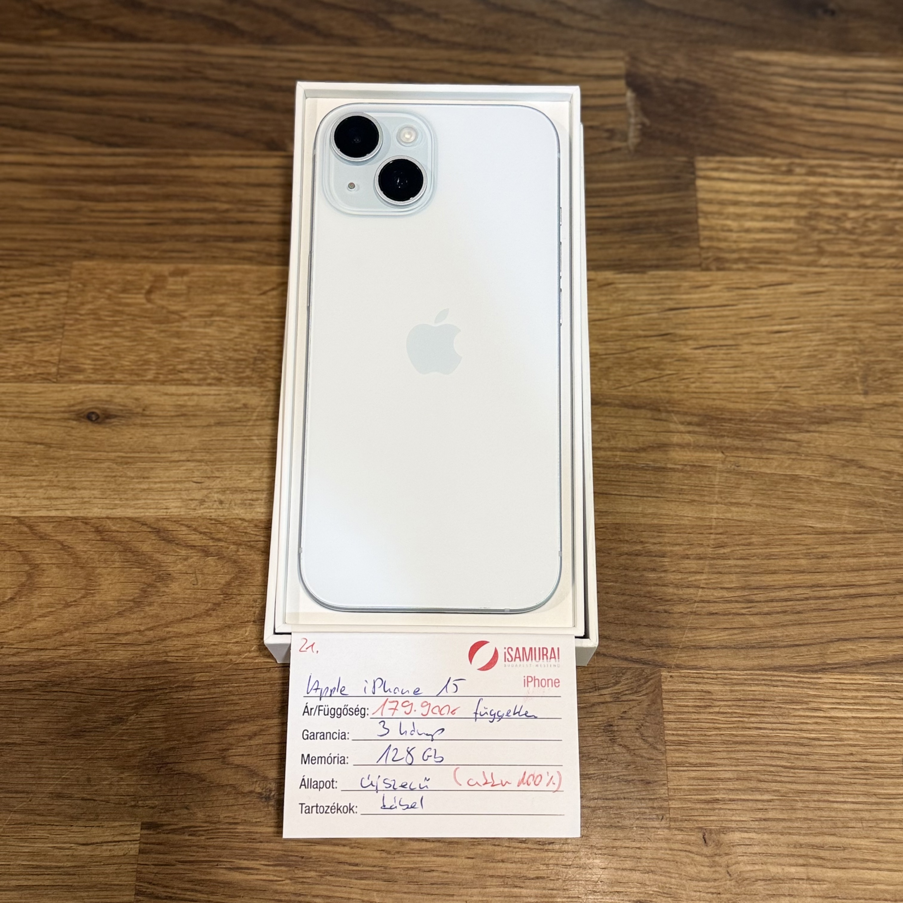 Apple iPhone 15 - 128GB - Kék - Független - Újszerű - Akku 100% ( 21.)