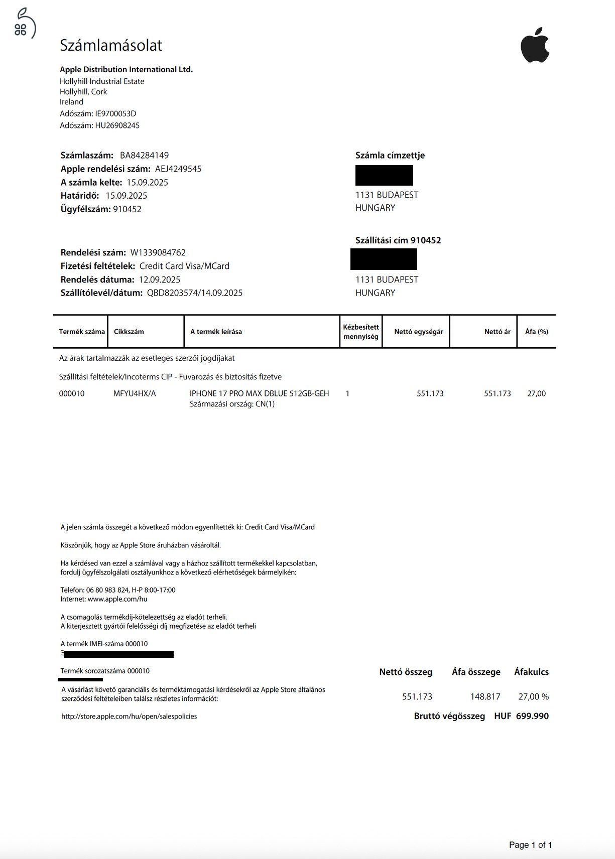 iPhone 17 Pro Max 512 GB, Apple.hu vásárlás, még 2 év gari 