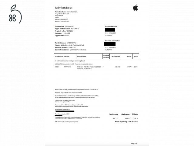 iPhone 17 Pro Max 512 GB, Apple.hu vásárlás, még 2 év gari 