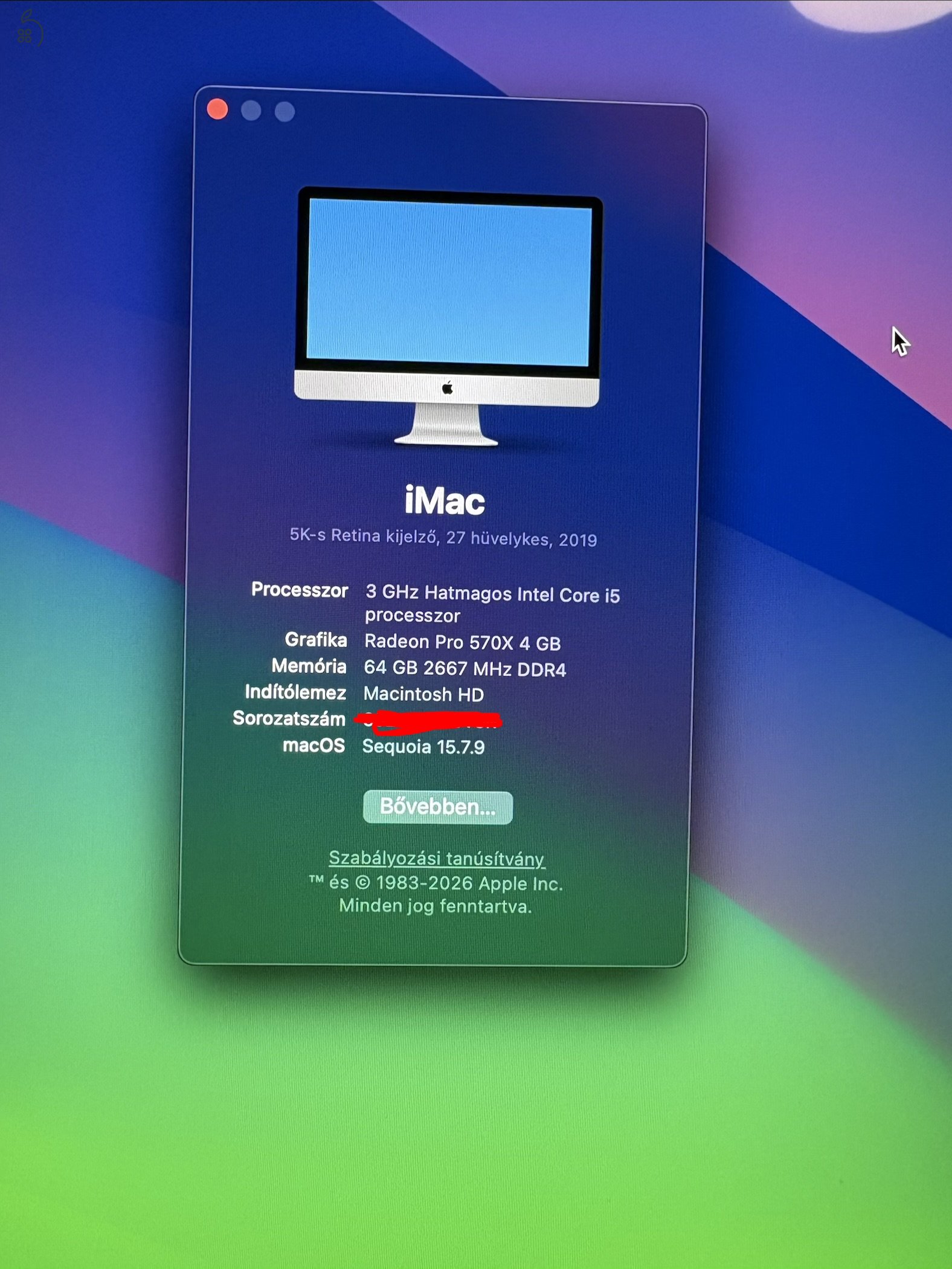 Apple iMac 27” Retina 5K slim (2019) – i5 / 64 GB cserélhető RAM / 1 TB Fusion Drive