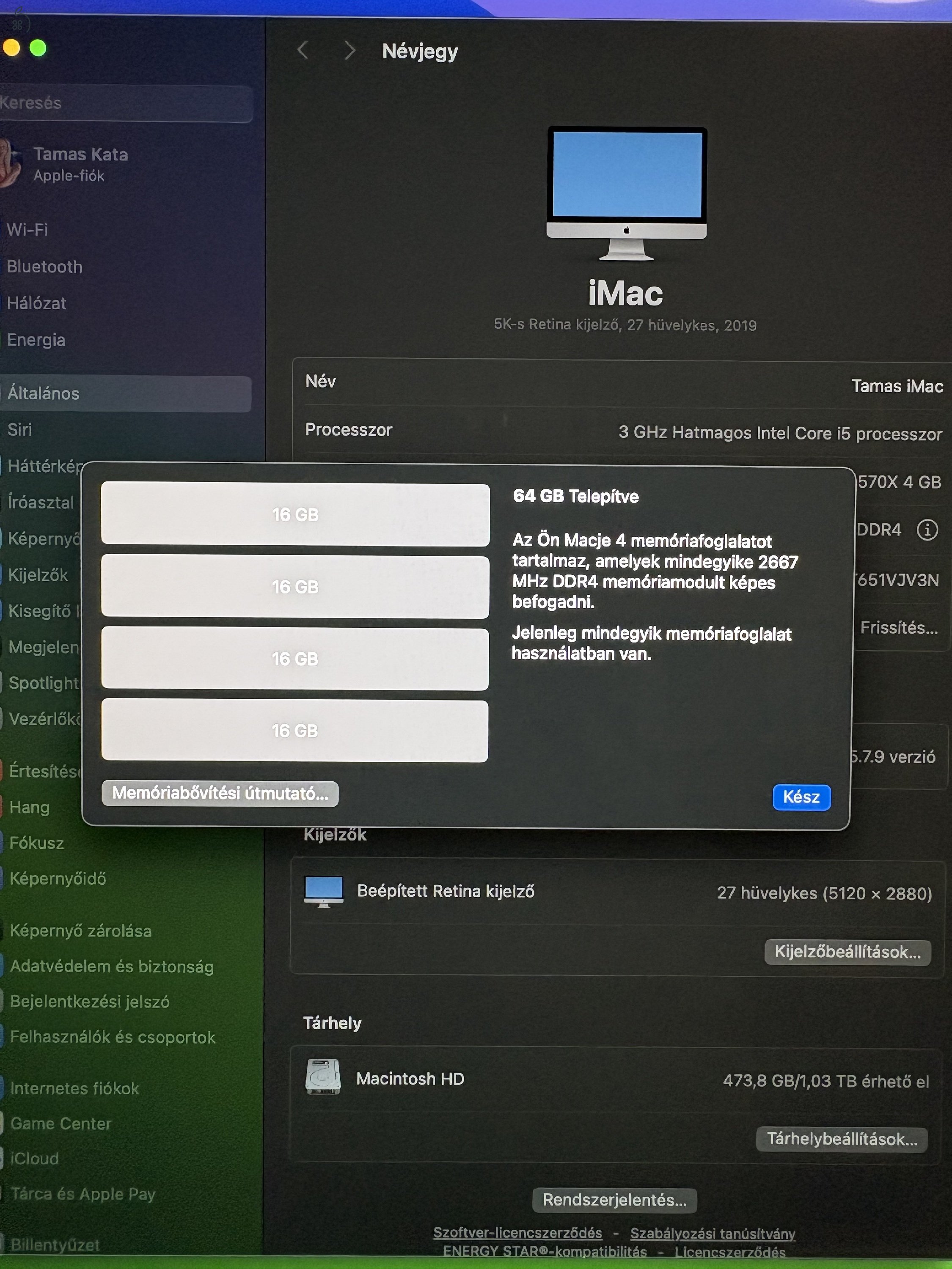 Apple iMac 27” Retina 5K slim (2019) – i5 / 64 GB cserélhető RAM / 1 TB Fusion Drive