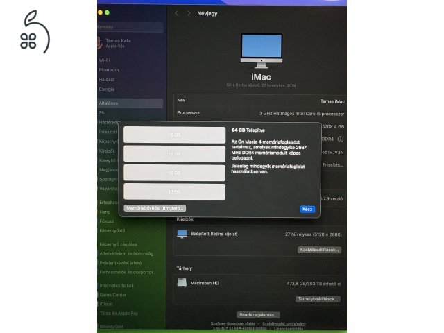 Apple iMac 27” Retina 5K slim (2019) – i5 / 64 GB cserélhető RAM / 1 TB Fusion Drive