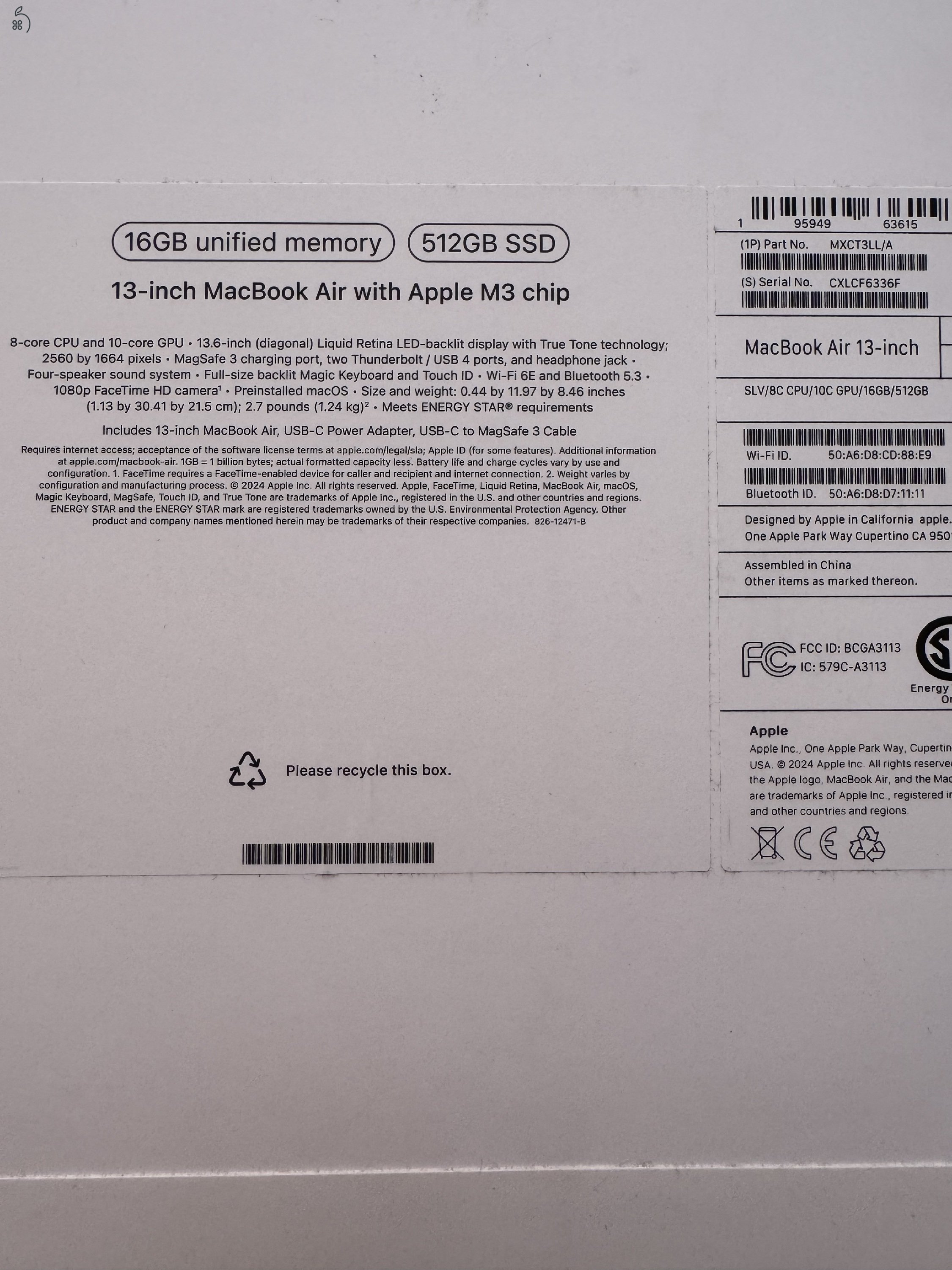  Apple MacBook Air 13” M3 (16 GB RAM, 512 GB SSD), Silver