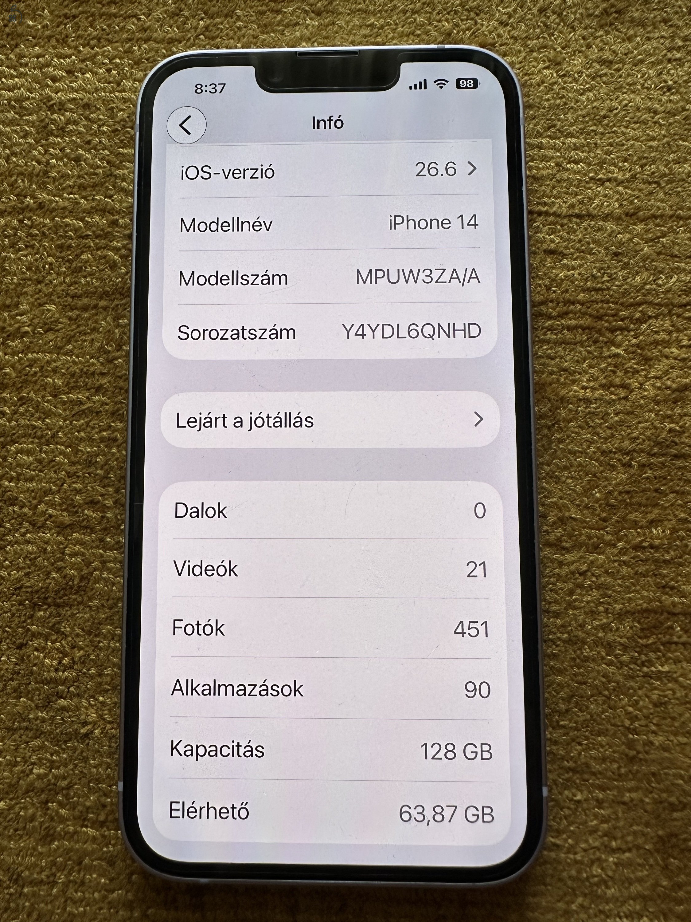 Eladó Iphone 14 hibátlan Független 1 gazdis.128gb Lila.