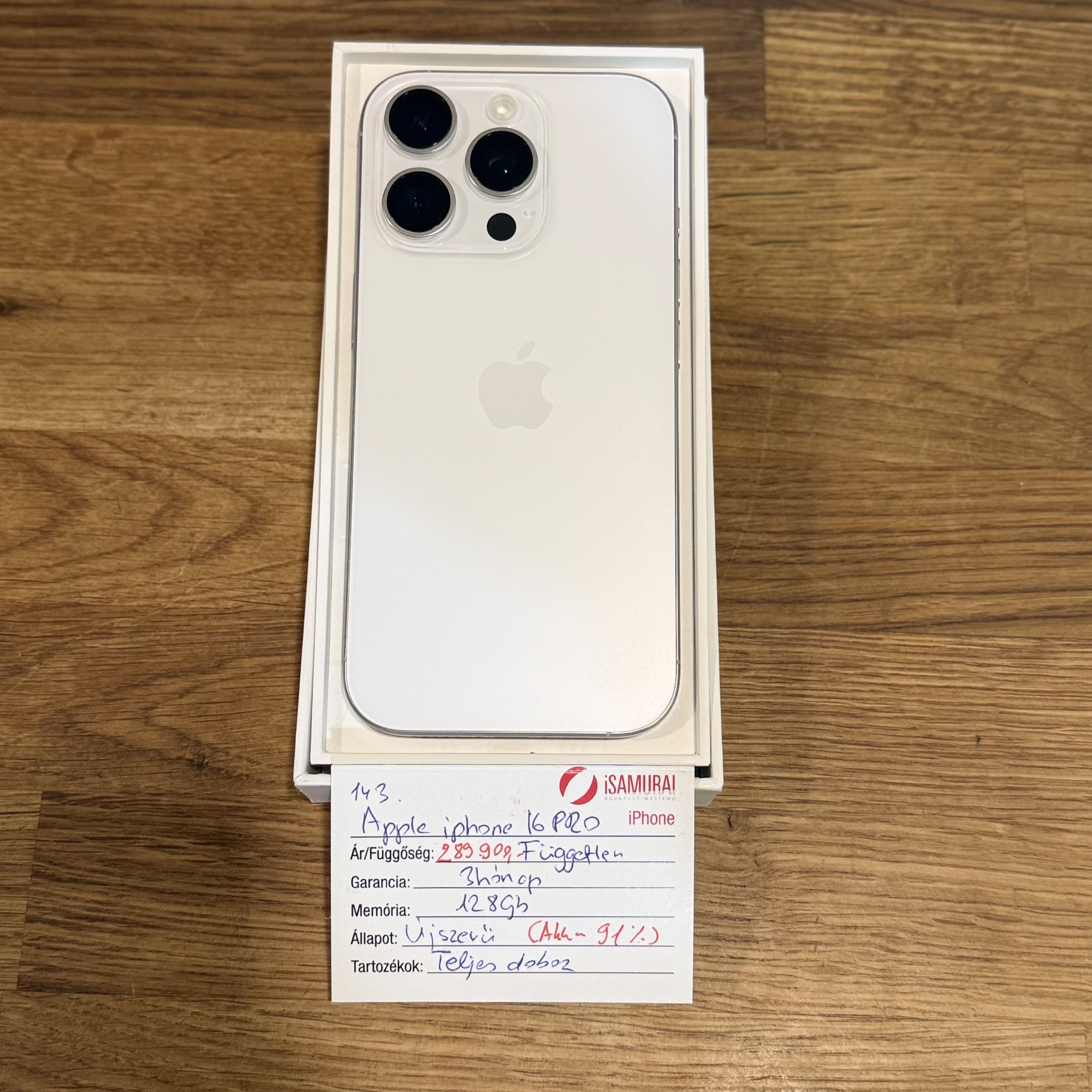 Apple iPhone 16 Pro -128GB - fehér - 91% akku. (143.)