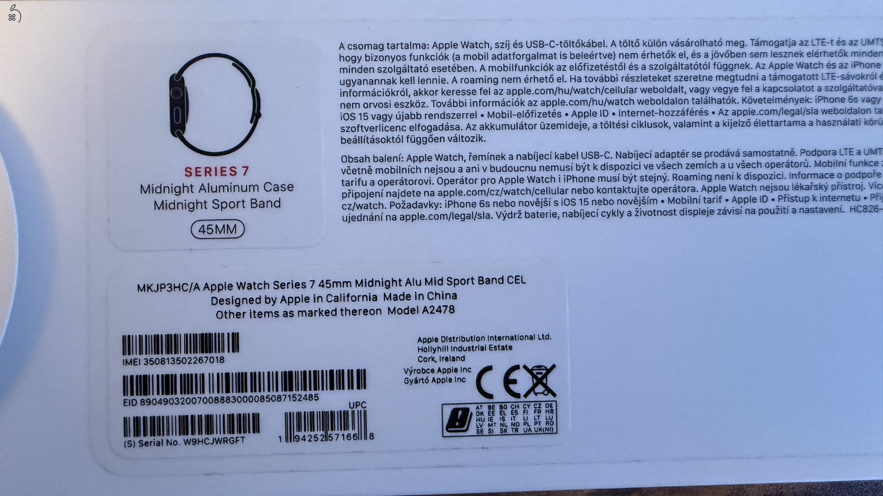 Apple Watch S7 Cellular Aluminium Case Midnight 45mm sportszíjjal