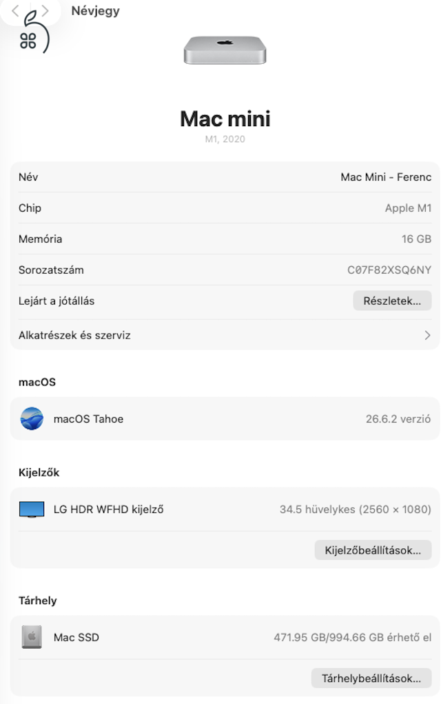 Mac Mini M1 16GB RAM, 1 TB SSD, doboz, tápkábel (2021-05-10)