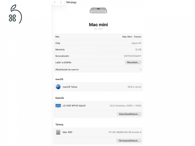 Mac Mini M1 16GB RAM, 1 TB SSD, doboz, tápkábel (2021-05-10)
