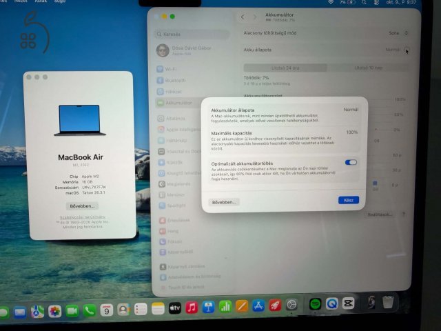 Apple Macbook Air 13 M2 Midnight 16/256 GB, 100% akkumulátor (jótállás 2027. február 24-ig)