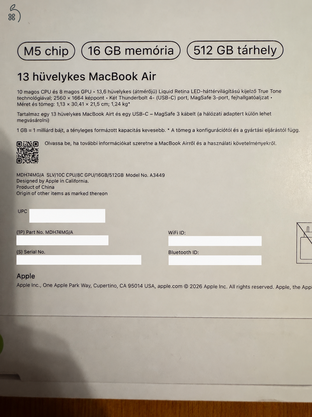 Apple 2026 MacBook Air 13 M5 16GB 512GB - bontatlan, ezüst, számlával