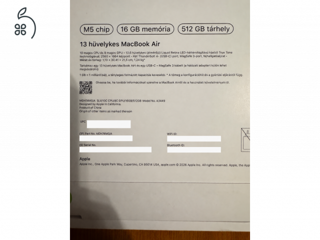 Apple 2026 MacBook Air 13 M5 16GB 512GB - bontatlan, ezüst, számlával