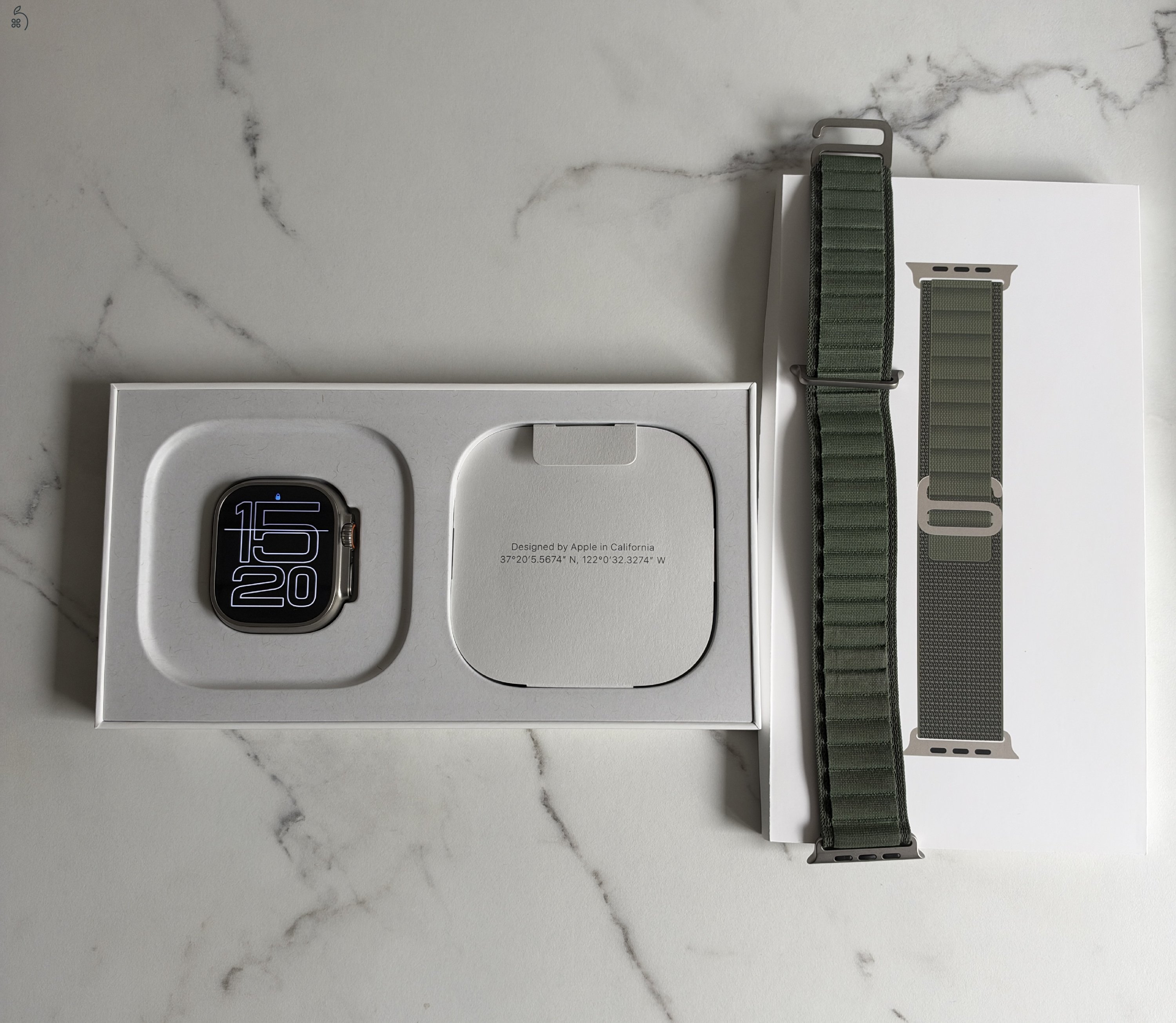 Apple Watch Ultra 1gen. 49mm - Zöld gyári Apple szíjjal - Eredeti dobozában, bontatlan töltőkábellel