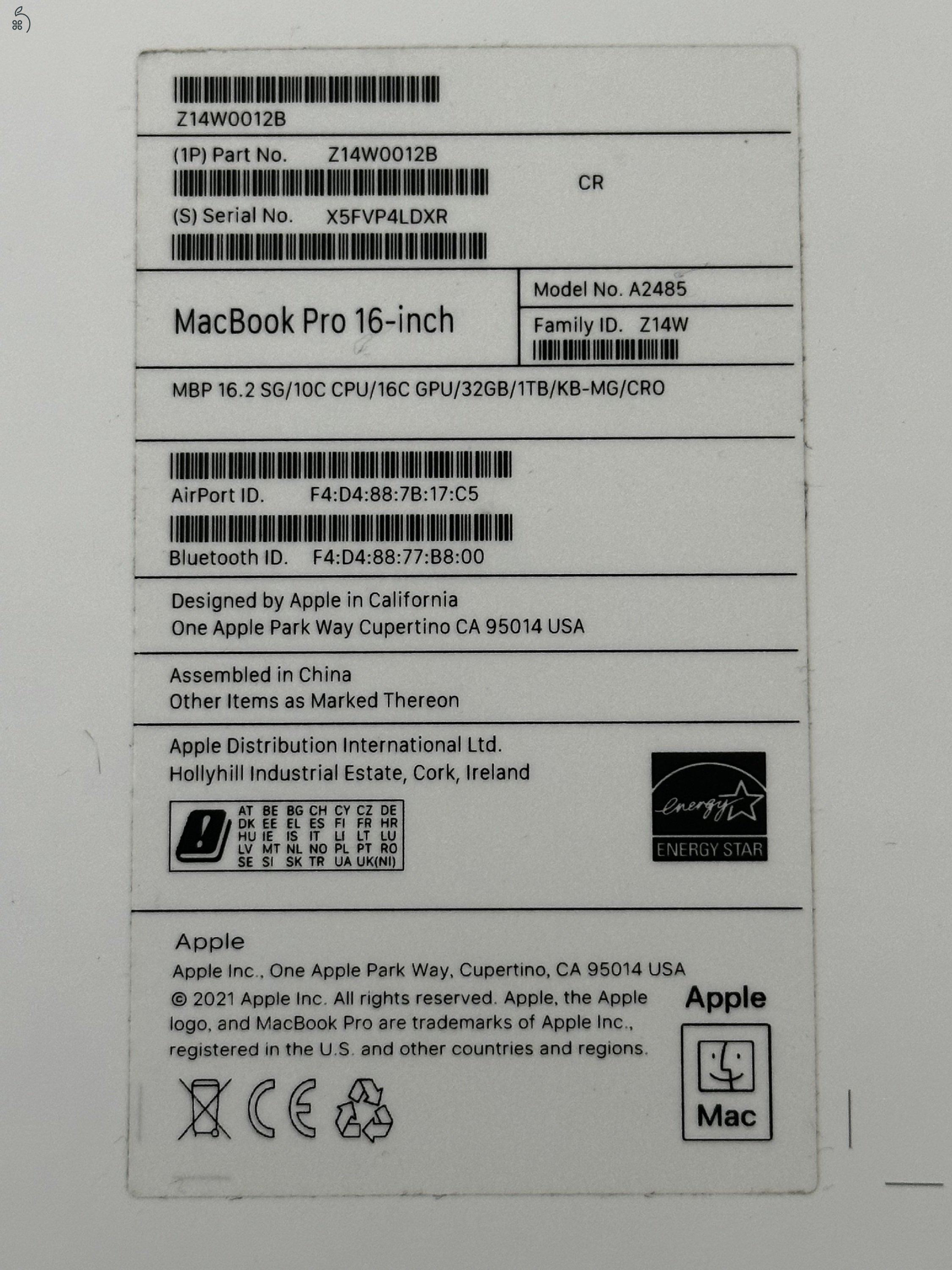 MacBook Pro 16″ (2021) – M1 Pro / 32 GB RAM / 1 TB SSD / magyar billentyűzet
