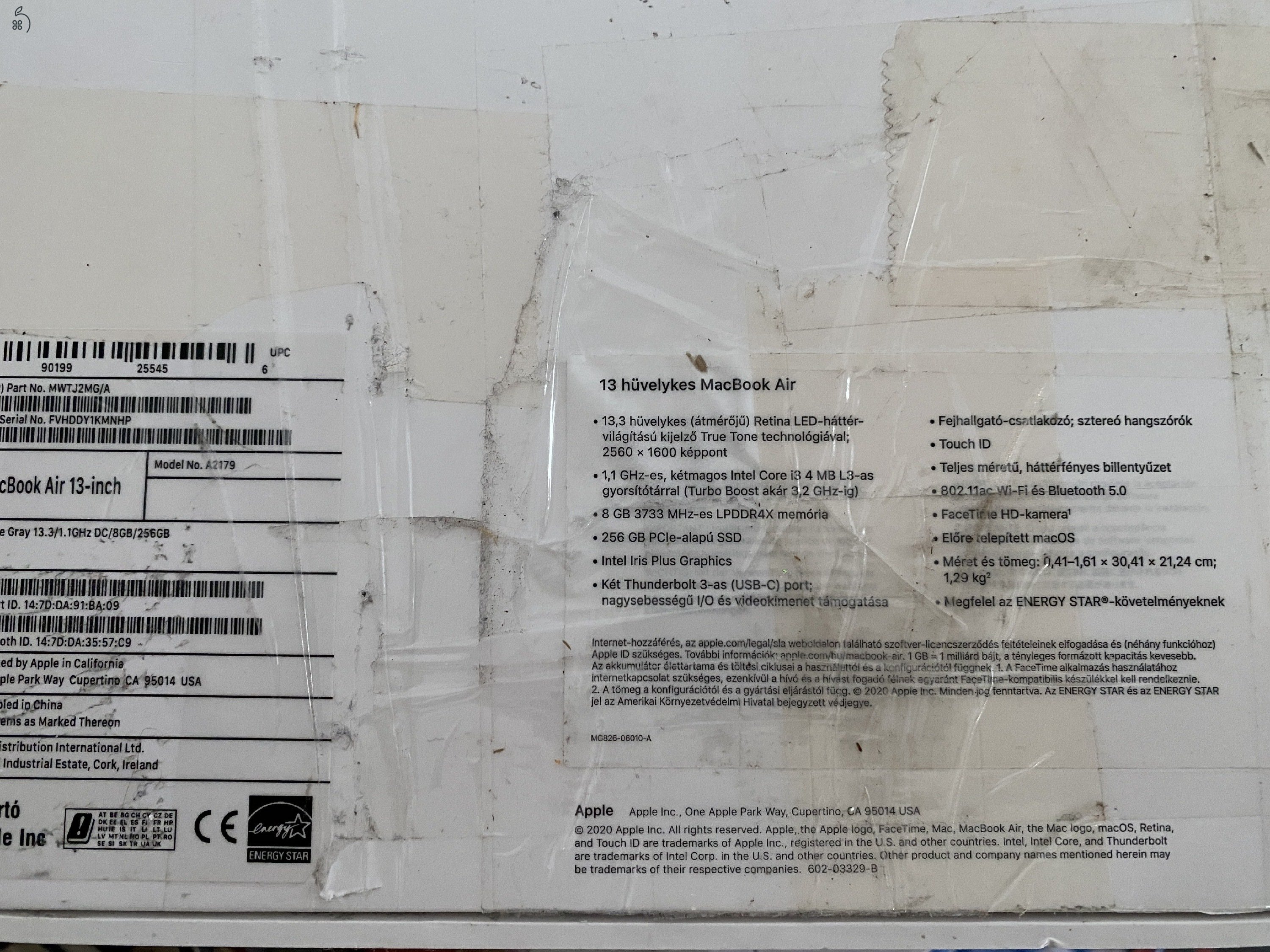 kijelzőhibás / alkatrésznek MacBook Air A2179 13,3 hüvelykes, 1,1 GHz, 8 GB 3733 MHz, 256 GB SSD
