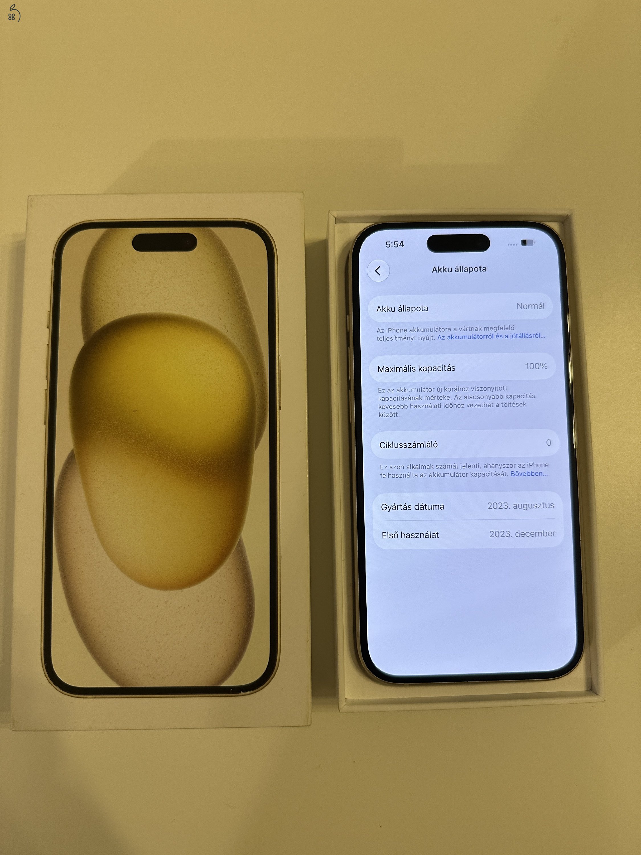 iPhone 15 sárga FÜGGETLEN - 100% akku 0 CIKLUS