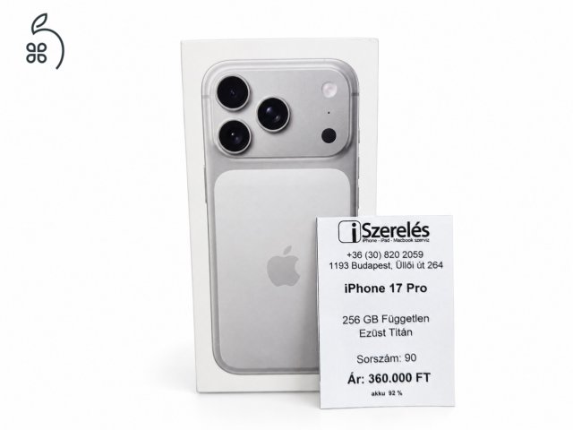 iPhone 17 Pro 256GB akku 92% független (90) iSzerelés.hu