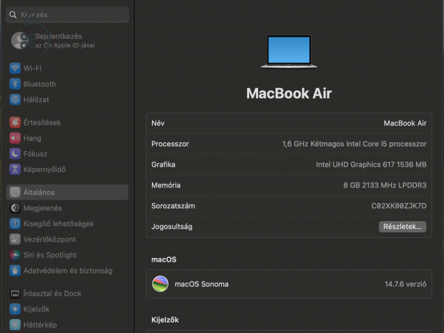 Eladó Apple MacBook Air Retina 13” (2018) – 8 GB RAM, 256 GB, ezüst