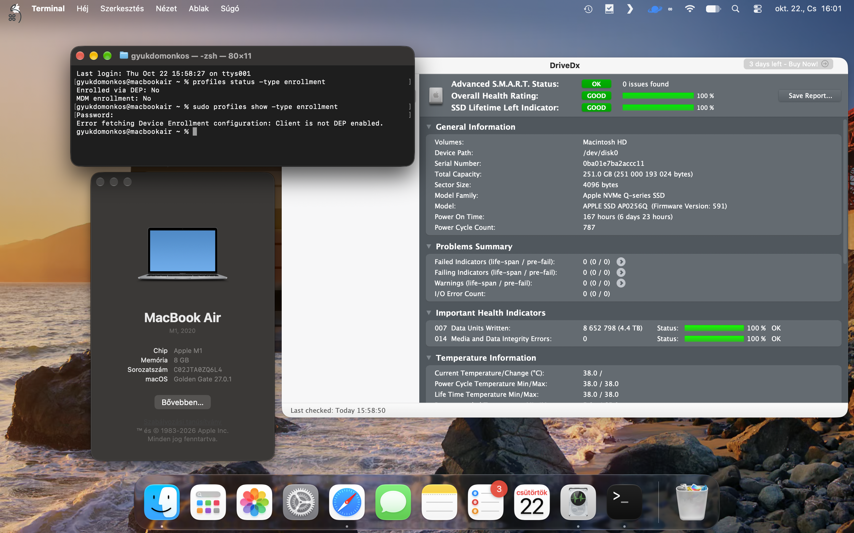 Apple MacBook Air 13” M1 8 GB RAM / 256 GB SSD hibátlan, tesztelt, számlával, dobozában, ingyenes szállítással