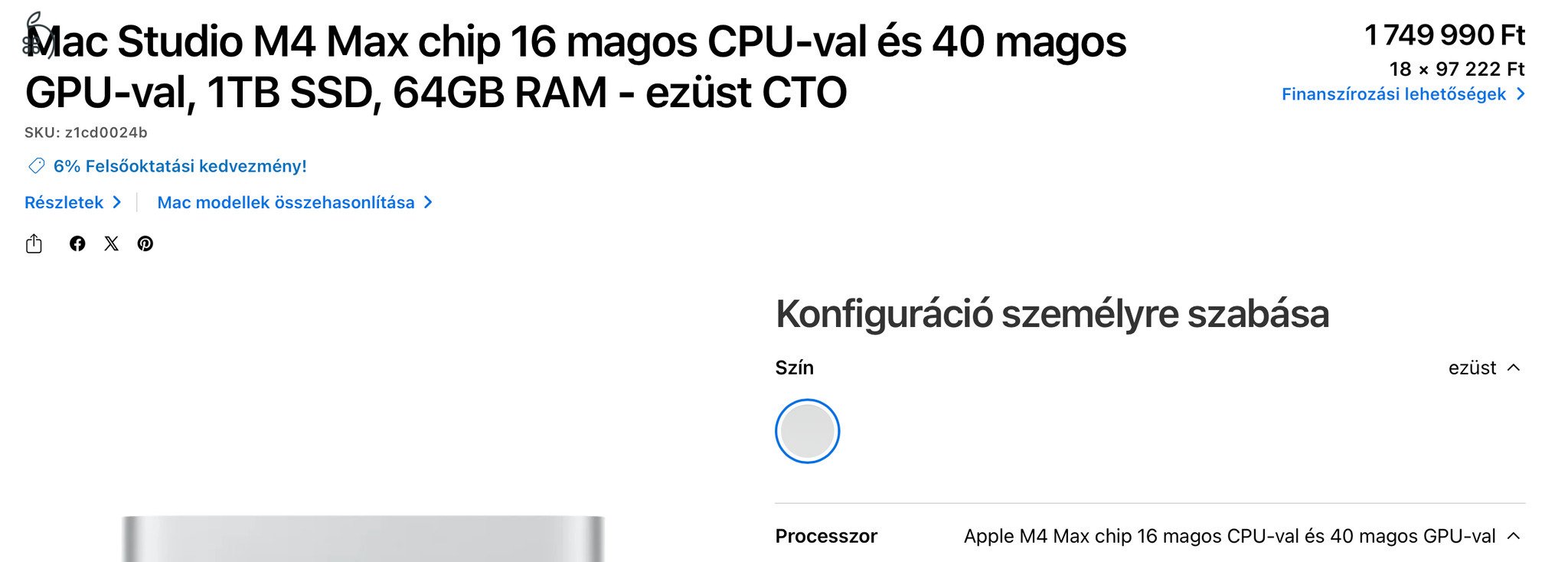 ÚJ Bontatlan AKCIÓ CTO Apple Mac Studio M4 Max 16cCPU/40cGPU / 64GB / 1TB SSD 1év Apple Garanciával