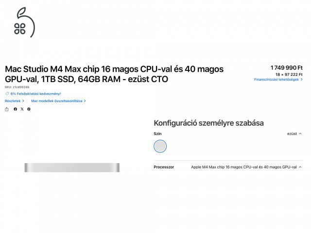 ÚJ Bontatlan AKCIÓ CTO Apple Mac Studio M4 Max 16cCPU/40cGPU / 64GB / 1TB SSD 1év Apple Garanciával