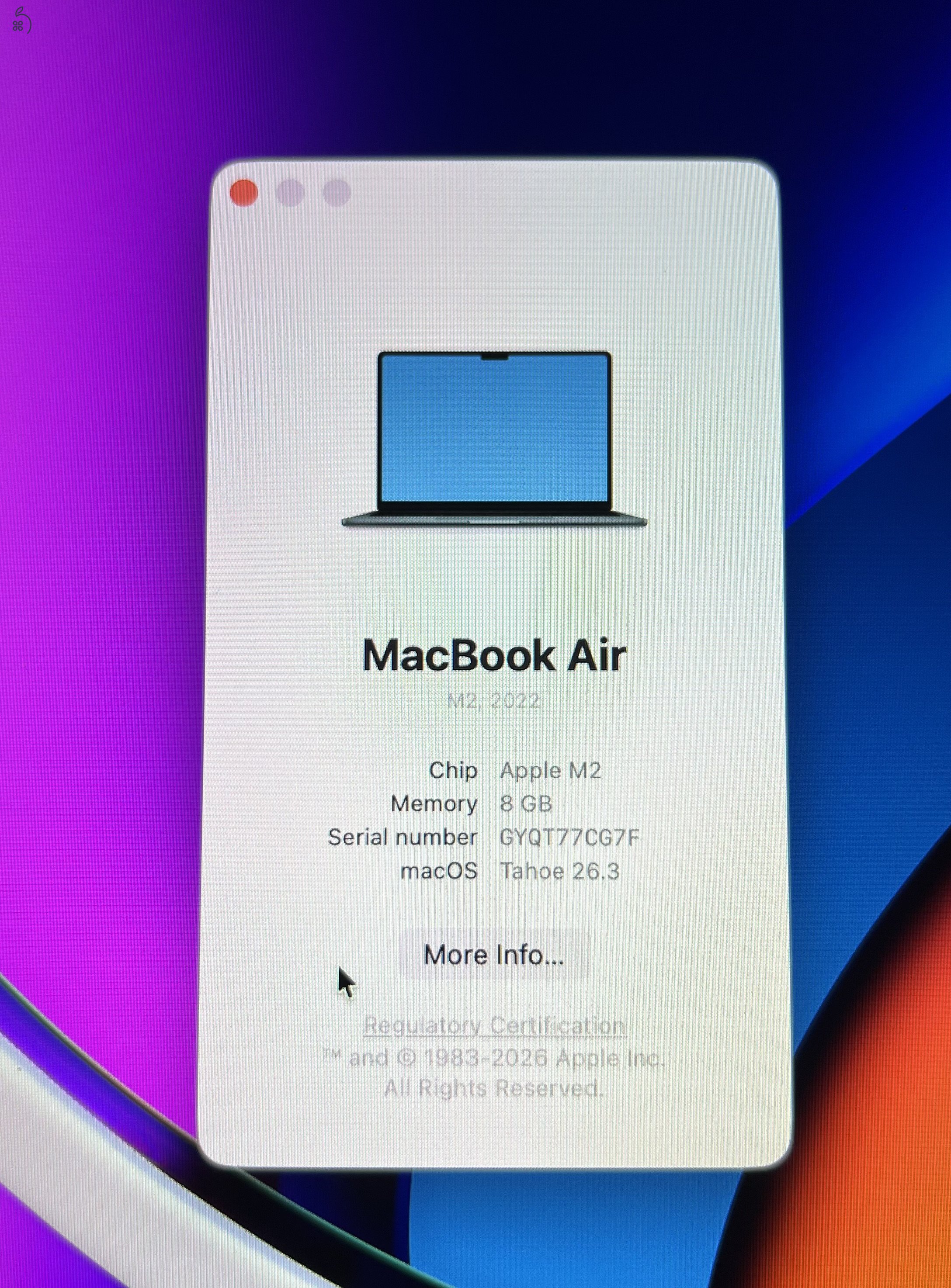 Macbook M2 Air 13.6” 256 GB SSD 8 GB Magyar Bill.