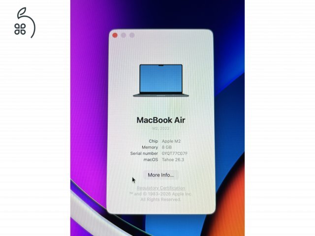 Macbook M2 Air 13.6” 256 GB SSD 8 GB Magyar Bill.