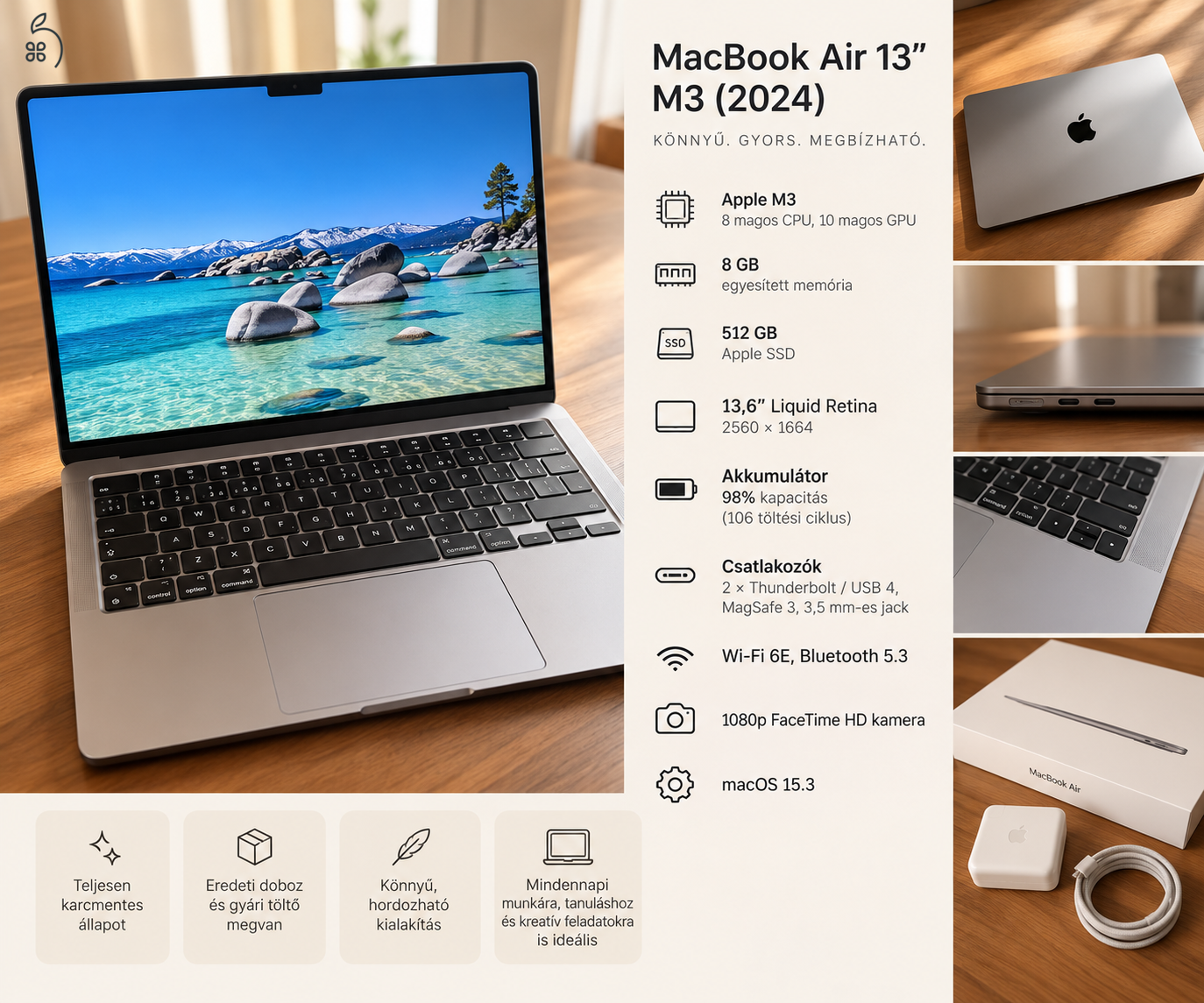Apple MacBook Air 13” M3 (2024) | 512 GB SSD | Karcmentes | 98% akkumulátor