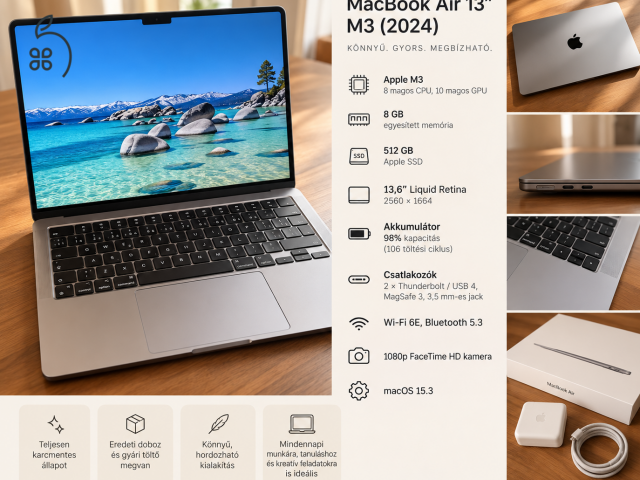 Apple MacBook Air 13” M3 (2024) | 512 GB SSD | Karcmentes | 98% akkumulátor