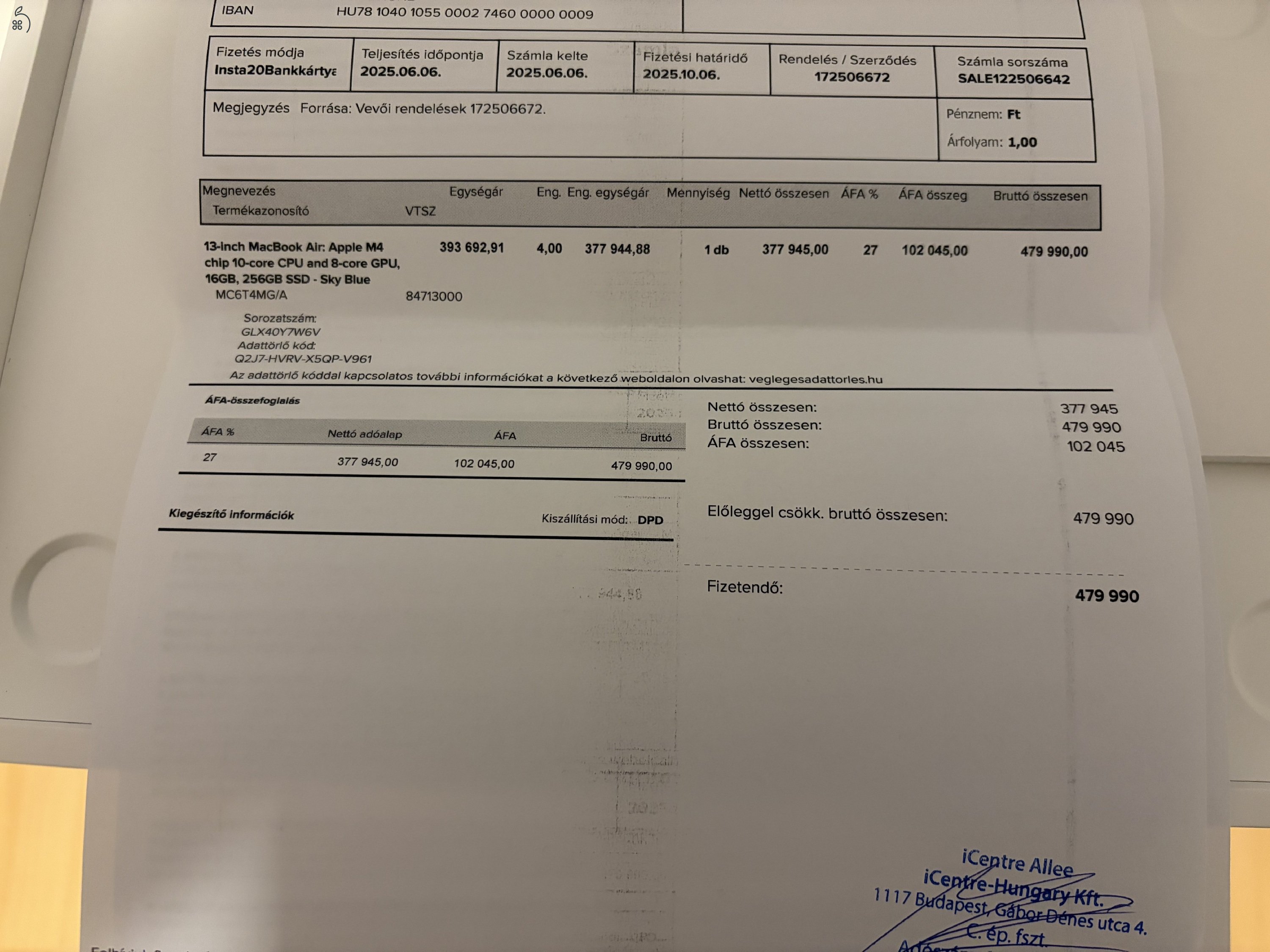 Apple MacBook Air M4 (16GB RAM / 256GB SSD) – Újszerű állapotban