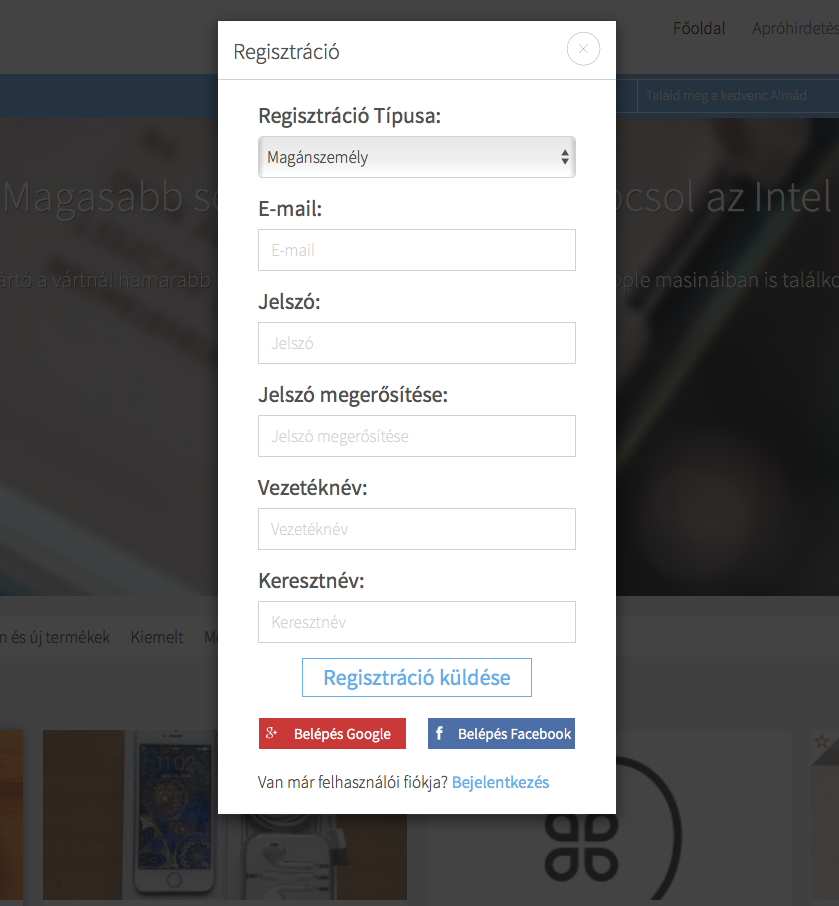 HasznaltAlma regisztrációs ablak